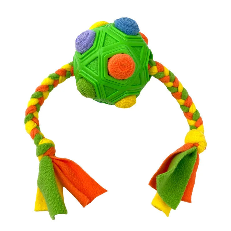 Bite-resistant rubber dog puzzle snuffle ball for treat dispensing and IQ training in multiple colours