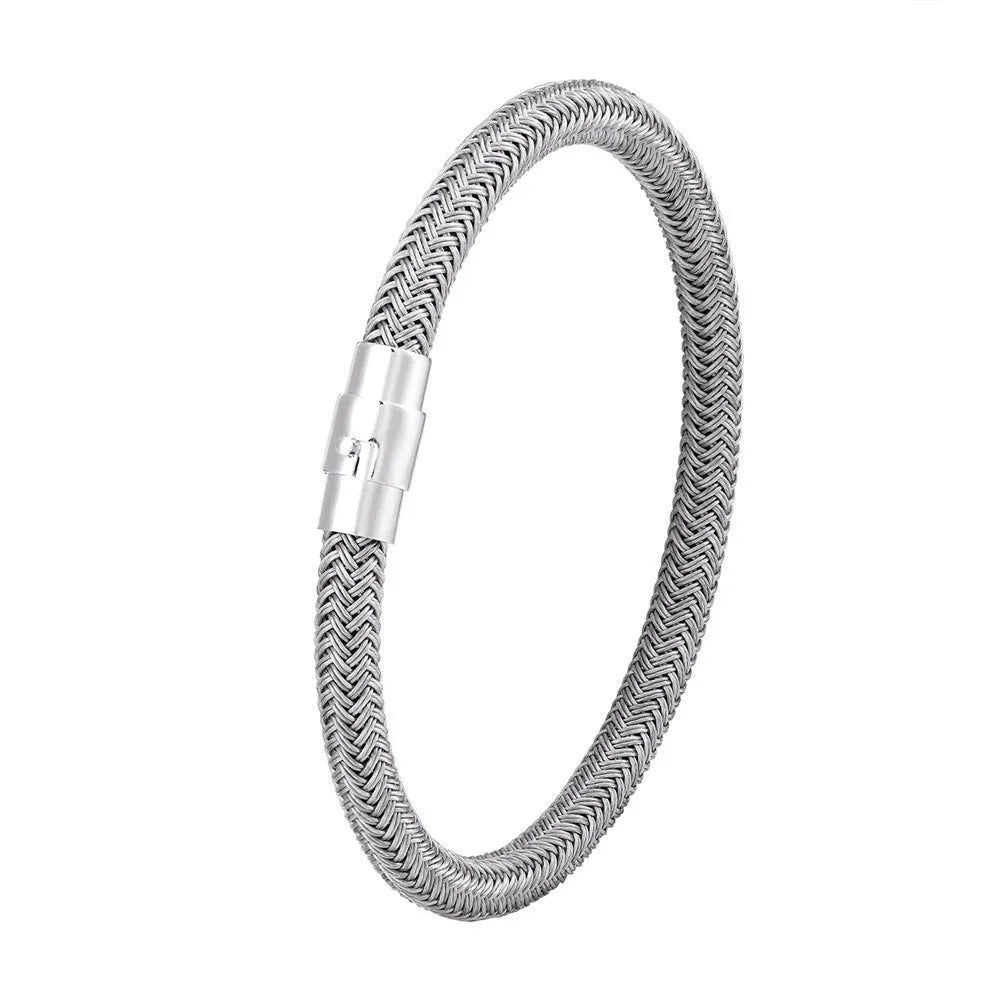 Men's titanium steel geometric wire bracelet with a magnetic clasp closure shown in silver tone.