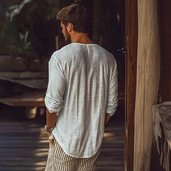 Men's slim fit beige V-neck long sleeve t-shirt in hemp blend polyester fabric