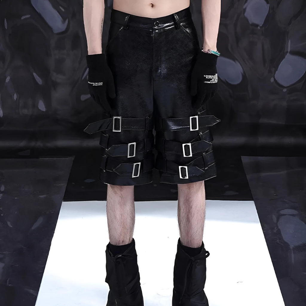 Men's black PU leather casual cropped shorts showing medium-low waist and polycarbaminate fibre material.