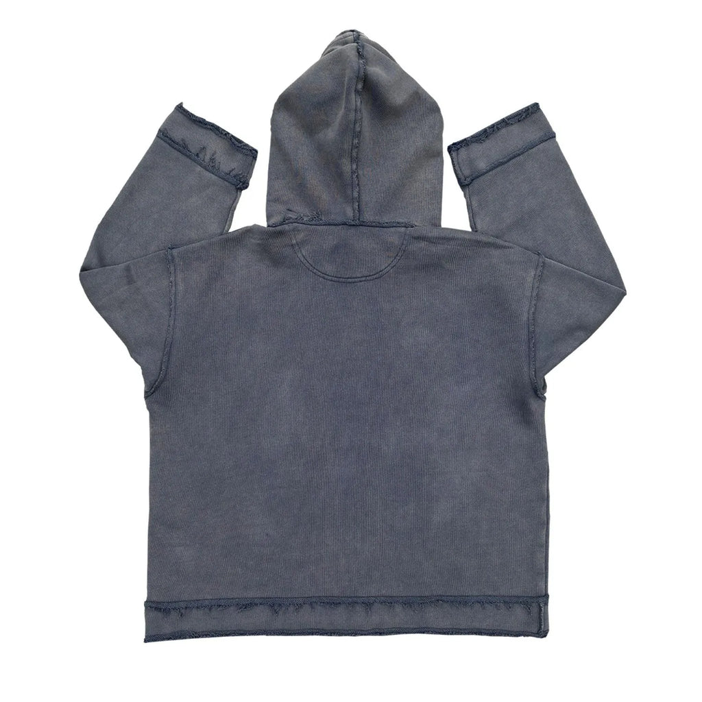 Dark blue hoodie sweater with back design detail shown in M, L, and XL sizes