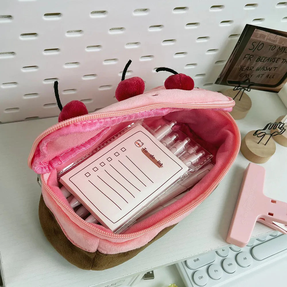 Korean style velvet pencil bag with cherry cake plush design