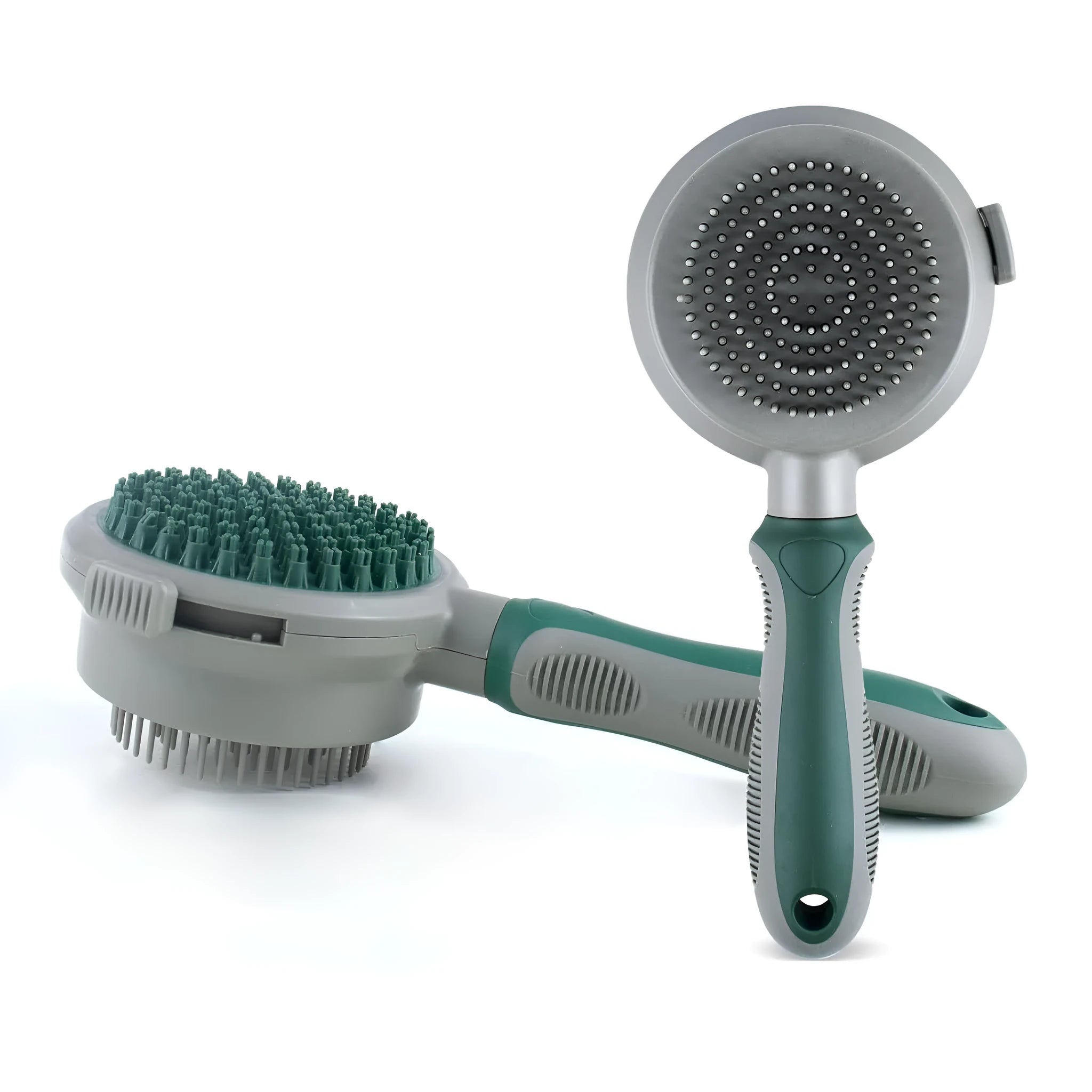 Green and pink two-sided pet grooming brush with a slicker head and a silicone massager head on a textured handle.