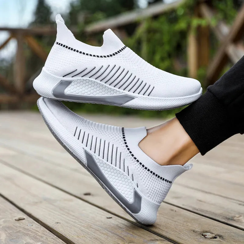 Men's striped mesh sock shoes with Flyknit upper and lace-up front in black colour