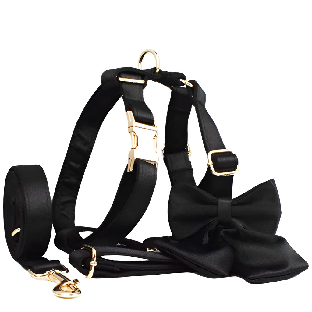 Dog wearing cloth chest strap harness with matching collar, leash, and decorative bow tie