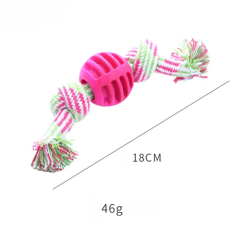 Blue molar-shaped dog chew toy with natural rubber rope attachment for dental cleaning
