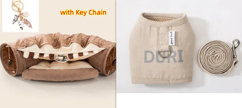 Collapsible cloth cat tunnel in Bar colour, showing dimensions of 45cm by 50cm by 22cm.