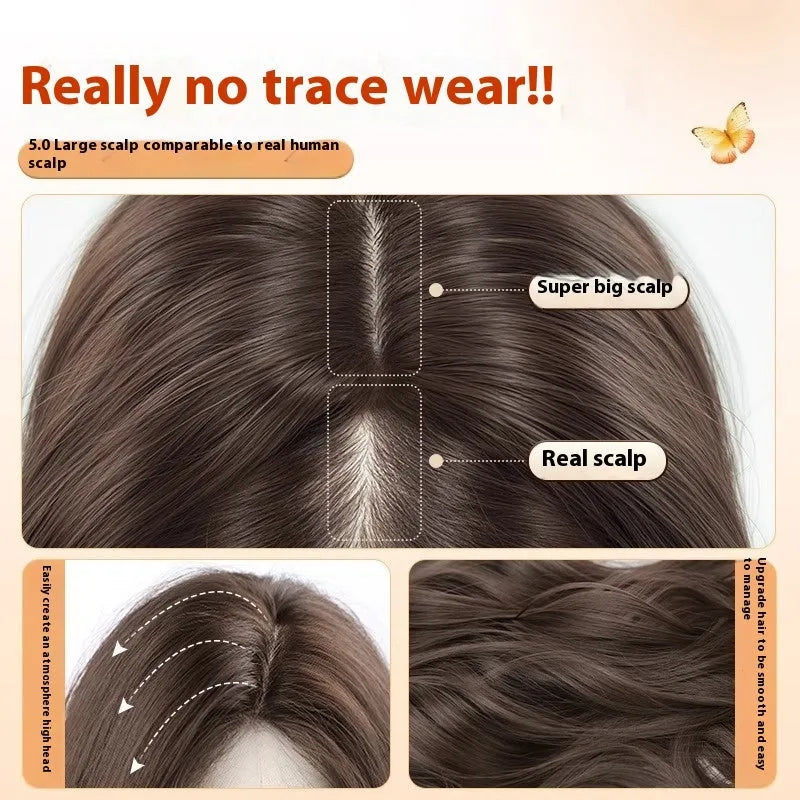 Full-head long curly synthetic wig with side bangs in brown colour options