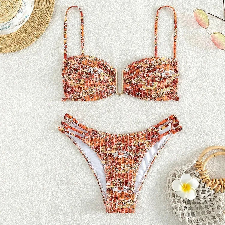 Women's floral bikini swimsuit set with high waist briefs in solid orange, blue, or rose red.