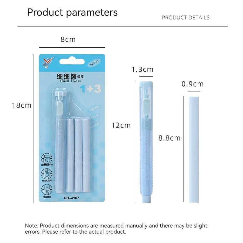 Push-type automatic children's eraser in blue, green, pink or purple, measuring 12 by 8 centimetres
