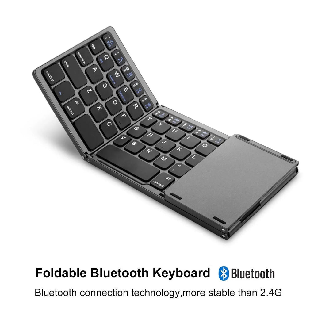 Black tri-fold Bluetooth keyboard shown in folded position demonstrating compact 30.2cm size