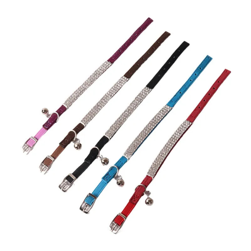 Flocking cat collar with elastic buckle in assorted colours on a white background.