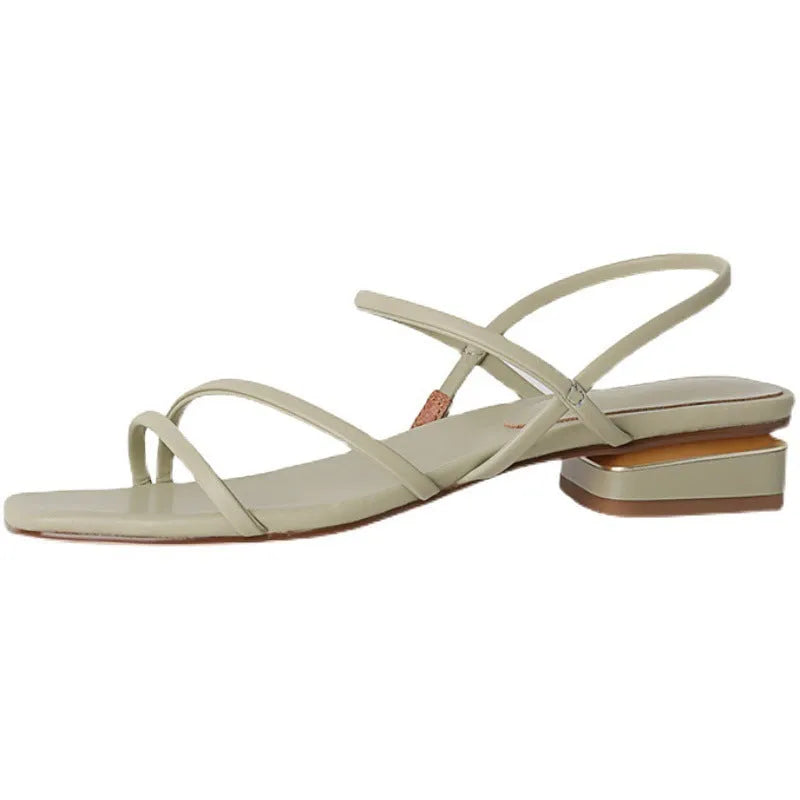 Women's flat strap open-toed Roman sandals in Microfiber with a square toe, shown in beige colour.