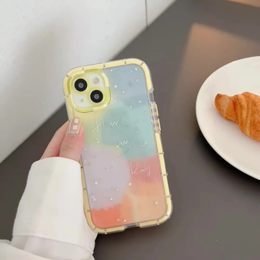 Minimalist contrast colour silicone phone case for iPhone 14 with a yellow edge.