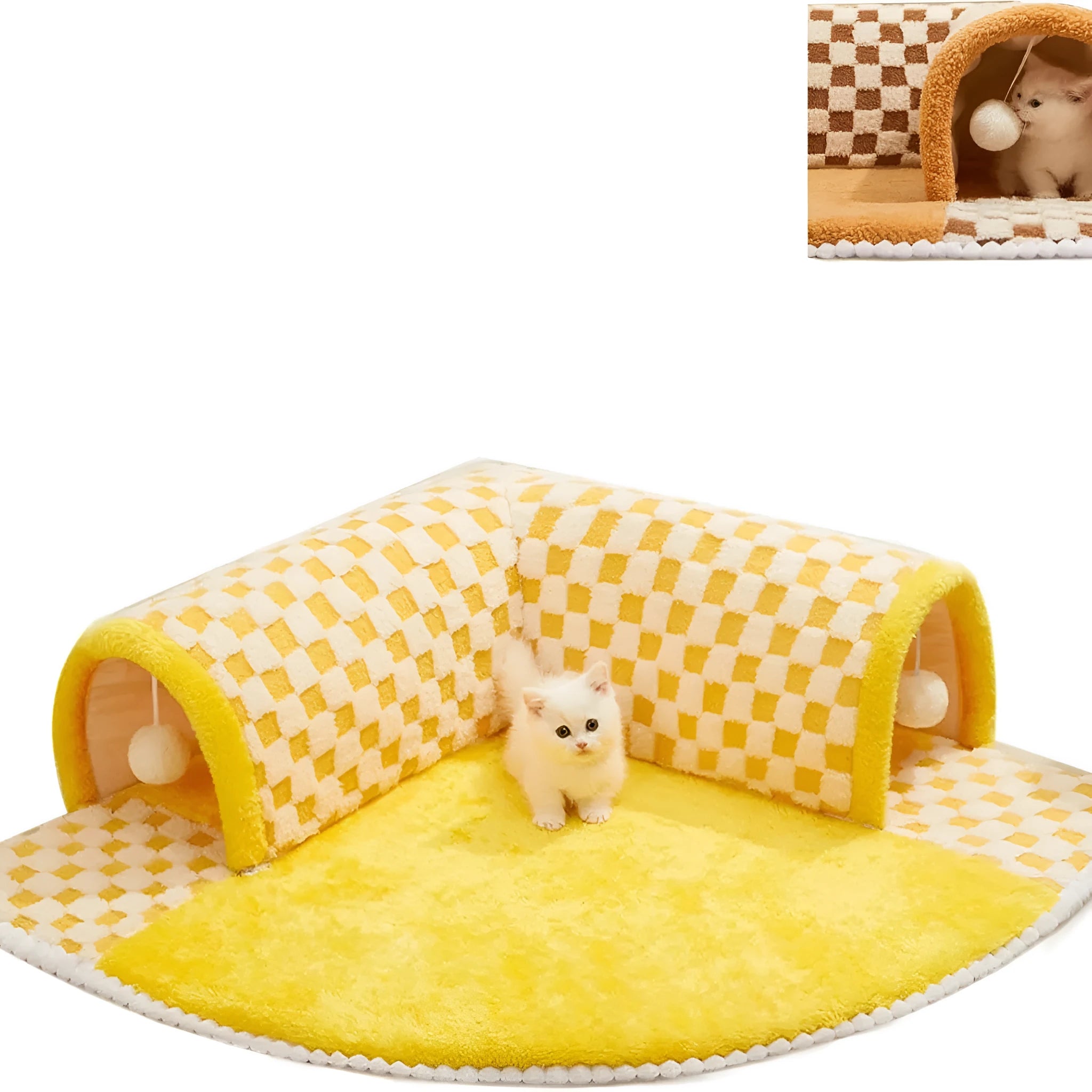 Brown plaid cat tunnel bed with central mat showing non-slip bottom and tunnel opening
