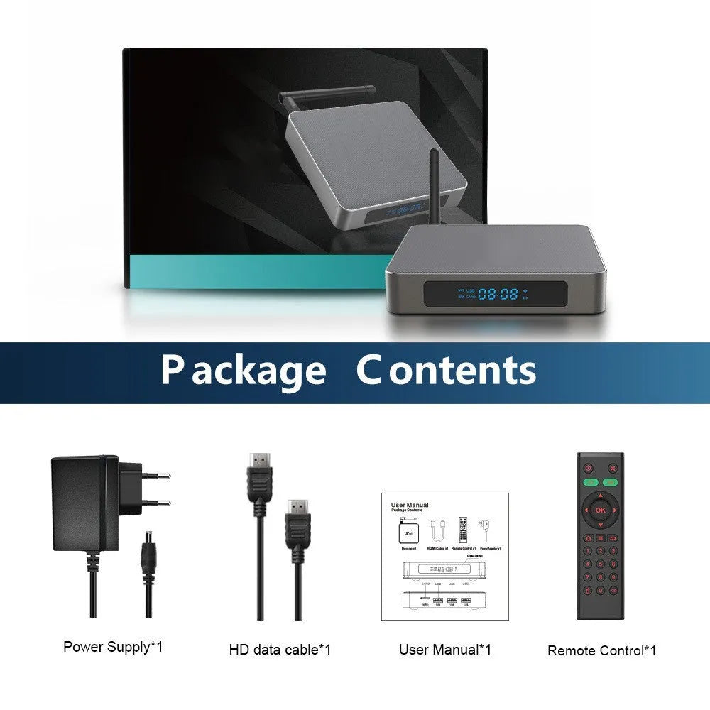 Bluetooth Android set-top box with 8K output support and compact 105mm square design