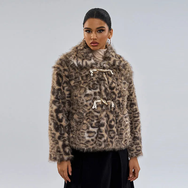 Women's leopard print coat with buckle lapel detailing in street fashion style