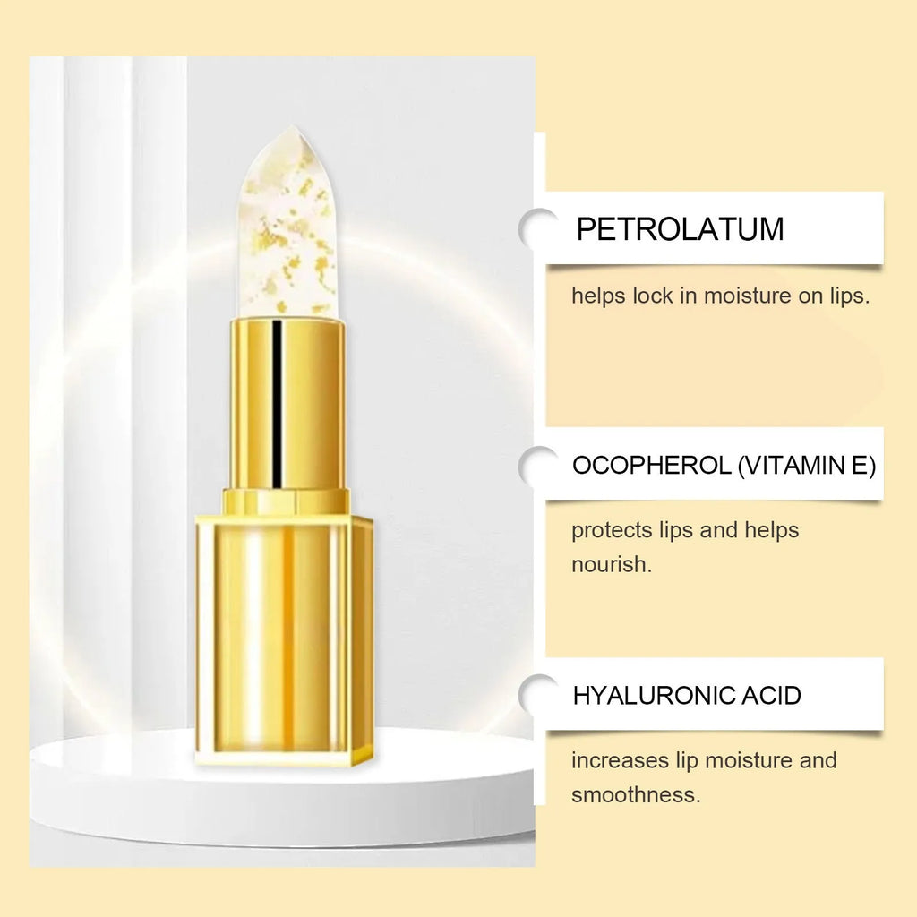 Square gold foil hydrating lipstick with 3.5g content containing hyaluronic acid and vitamin E