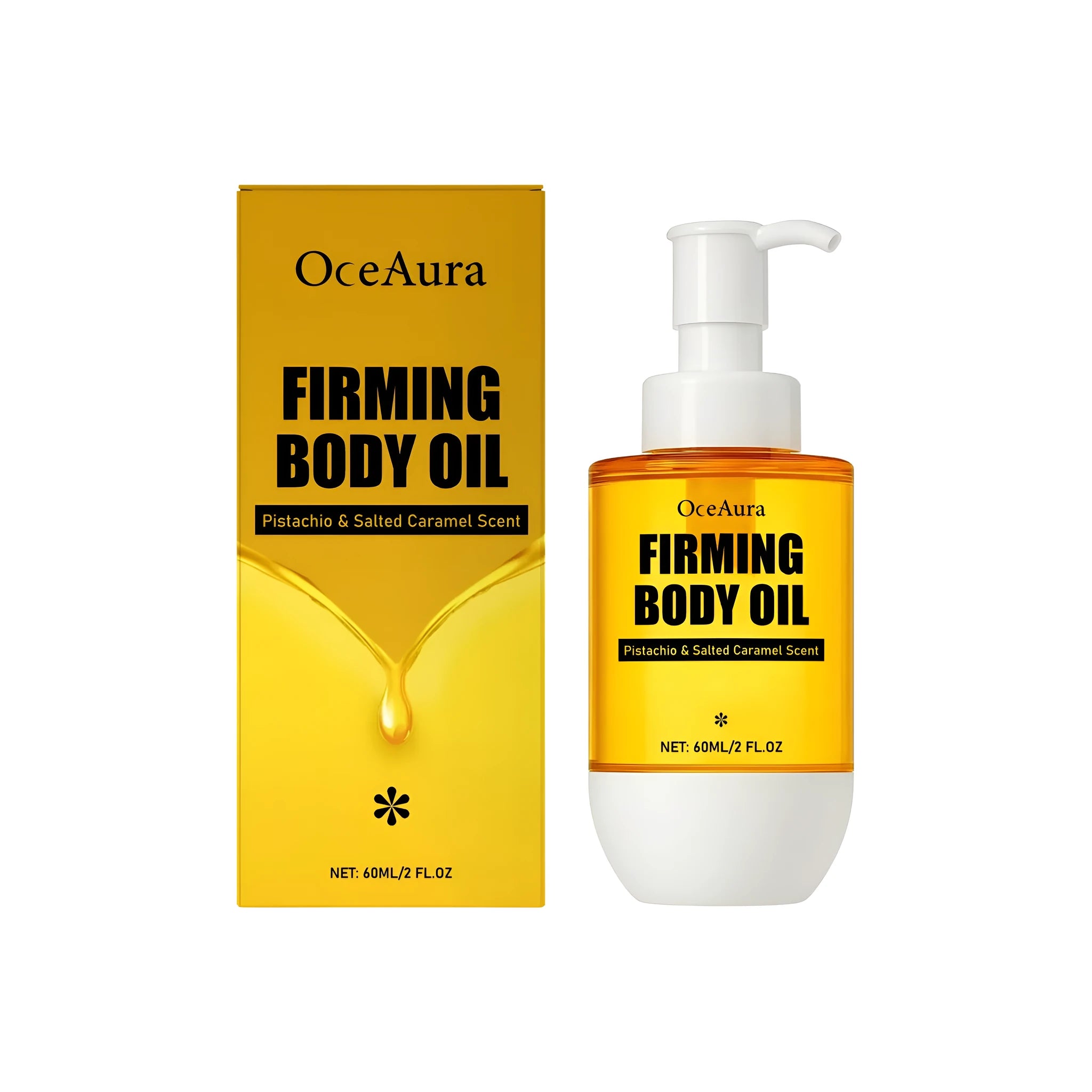 60ml bottle of tightening and wrinkle resistant body oil with a caramel-coloured liquid.