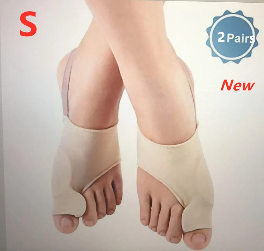 Corrective bunion relief sock with gel pad and silicone toe separator on a foot.