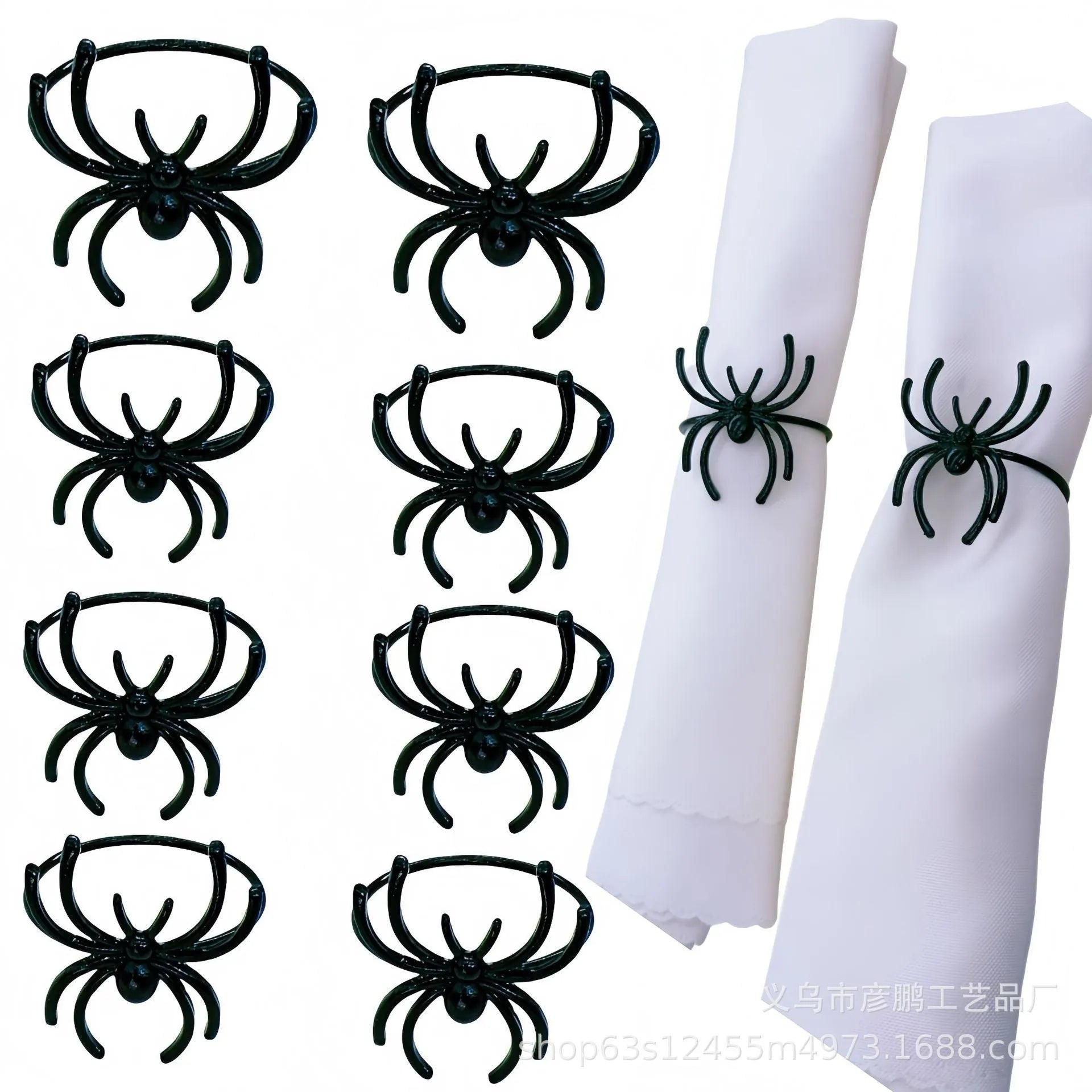 Six black spider-shaped alloy napkin rings for Halloween table decoration