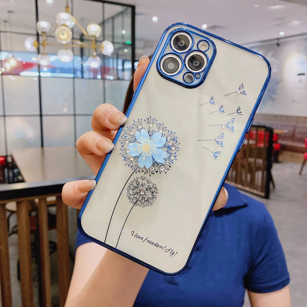 Green iPhone case with a 3D floral spin stand on the back and a built-in screen protector.