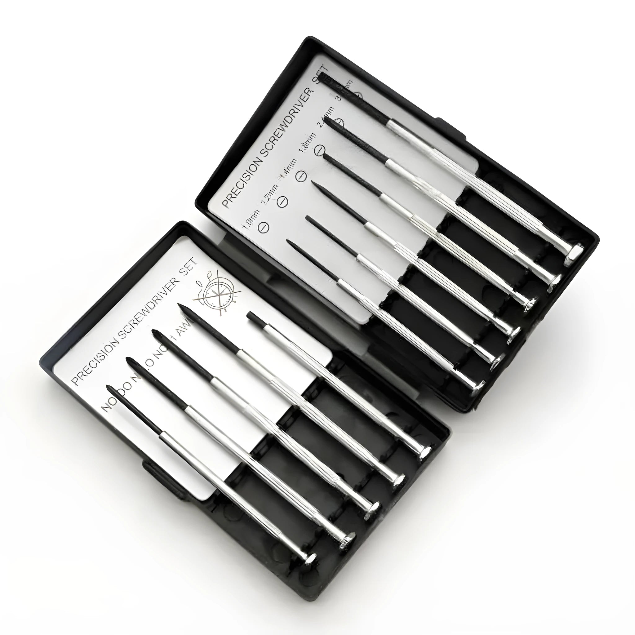 TH-6177 11 piece clock screwdriver set with cross and slotted bits on a grey background