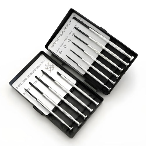 TH-6177 11 piece clock screwdriver set with cross and slotted bits on a grey background