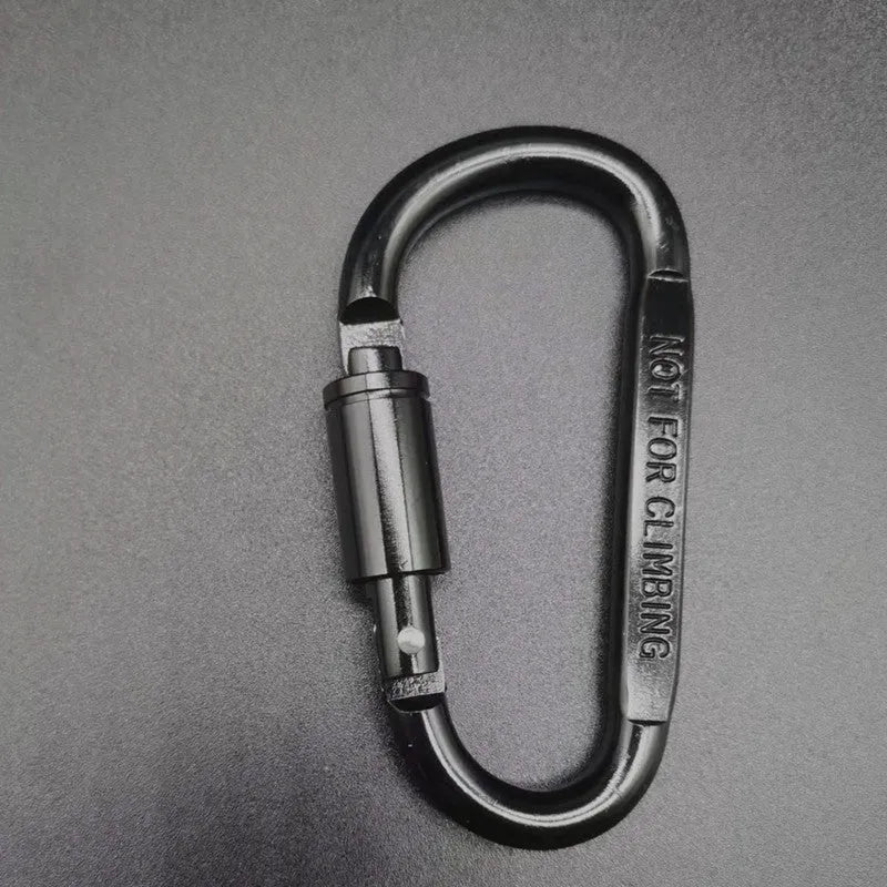 Aluminium D-shaped locking climbing carabiner with a flat 8cm design shown in silver.