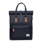 Men's casual polyester backpack in black, showing front view and open compartment with laptop pocket.