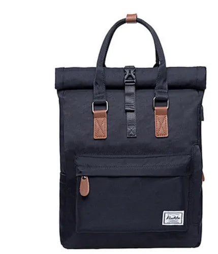 Men's casual polyester backpack in black, showing front view and open compartment with laptop pocket.