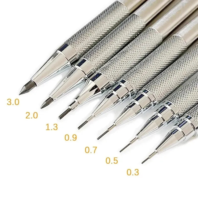 Metal mechanical pencil available in 0.5mm, 0.7mm, and 2.0mm sizes for technical drawing