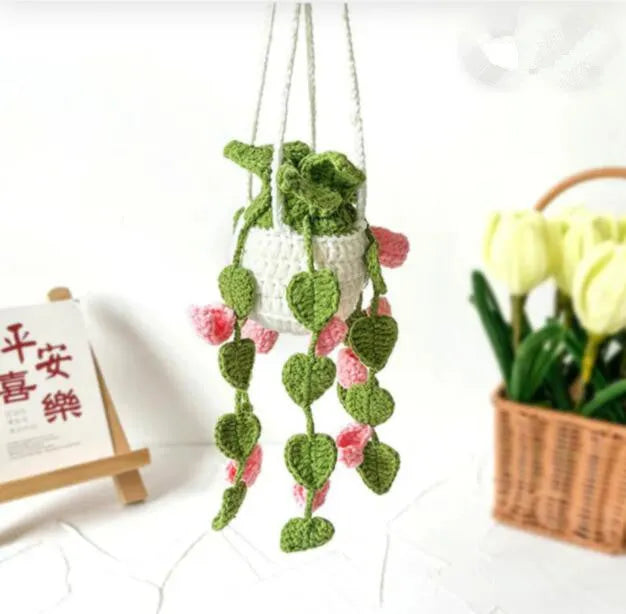 Green and white knitted wool car plant decoration hanging from 25cm white rope