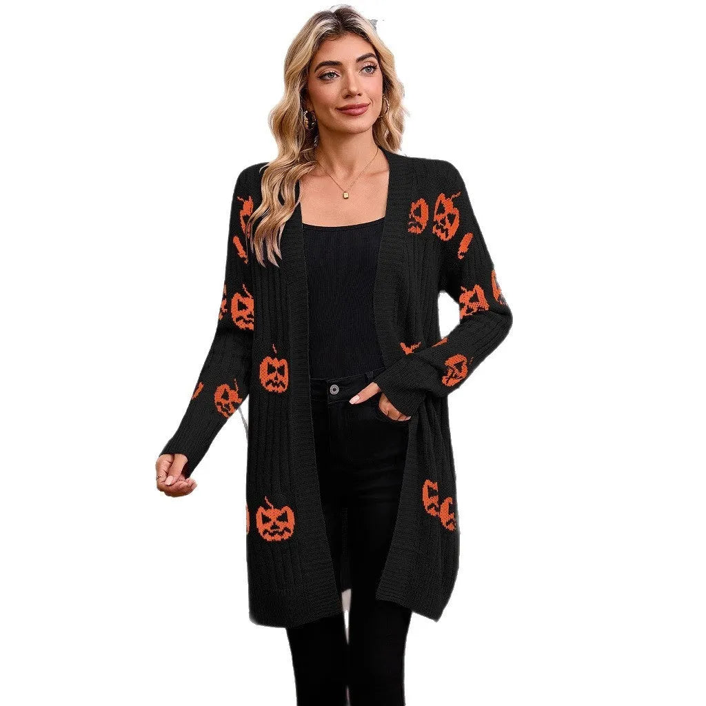 Women's black Halloween cardigan with orange pumpkin head jacquard knit pattern, straight cut with regular sleeves