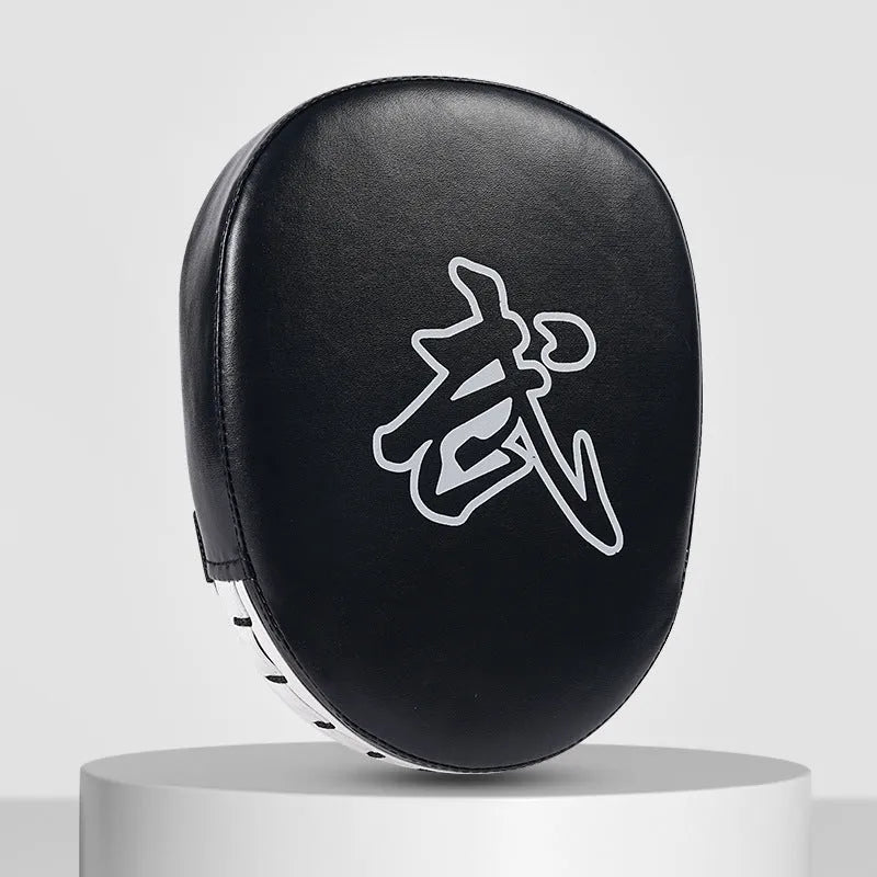 Boxing punch mitts set showing curved and flat hand target styles in red, black, blue, and yellow colour combinations.