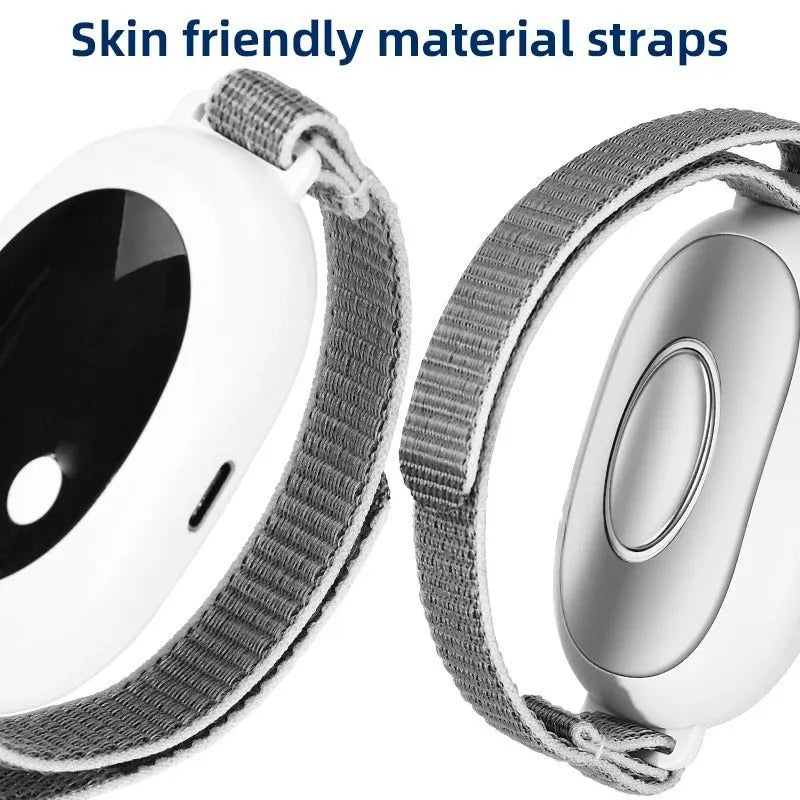 White sleep bracelet insomnia aid device with handheld remote control showing intensity adjustment buttons