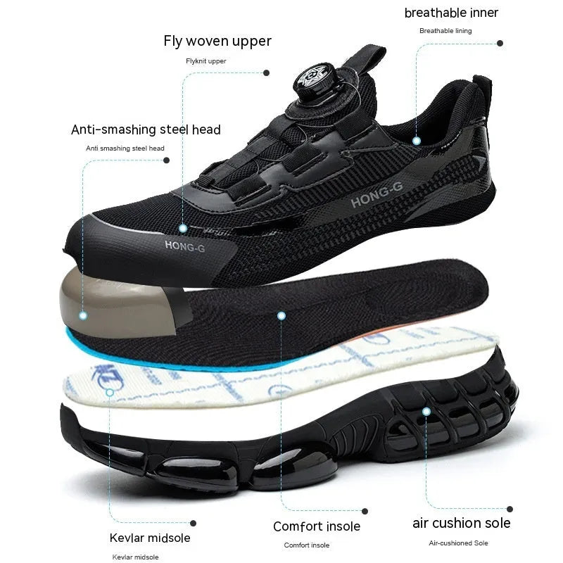 Lightweight Flyknit work shoes with steel toe caps in black, grey and blue colour options