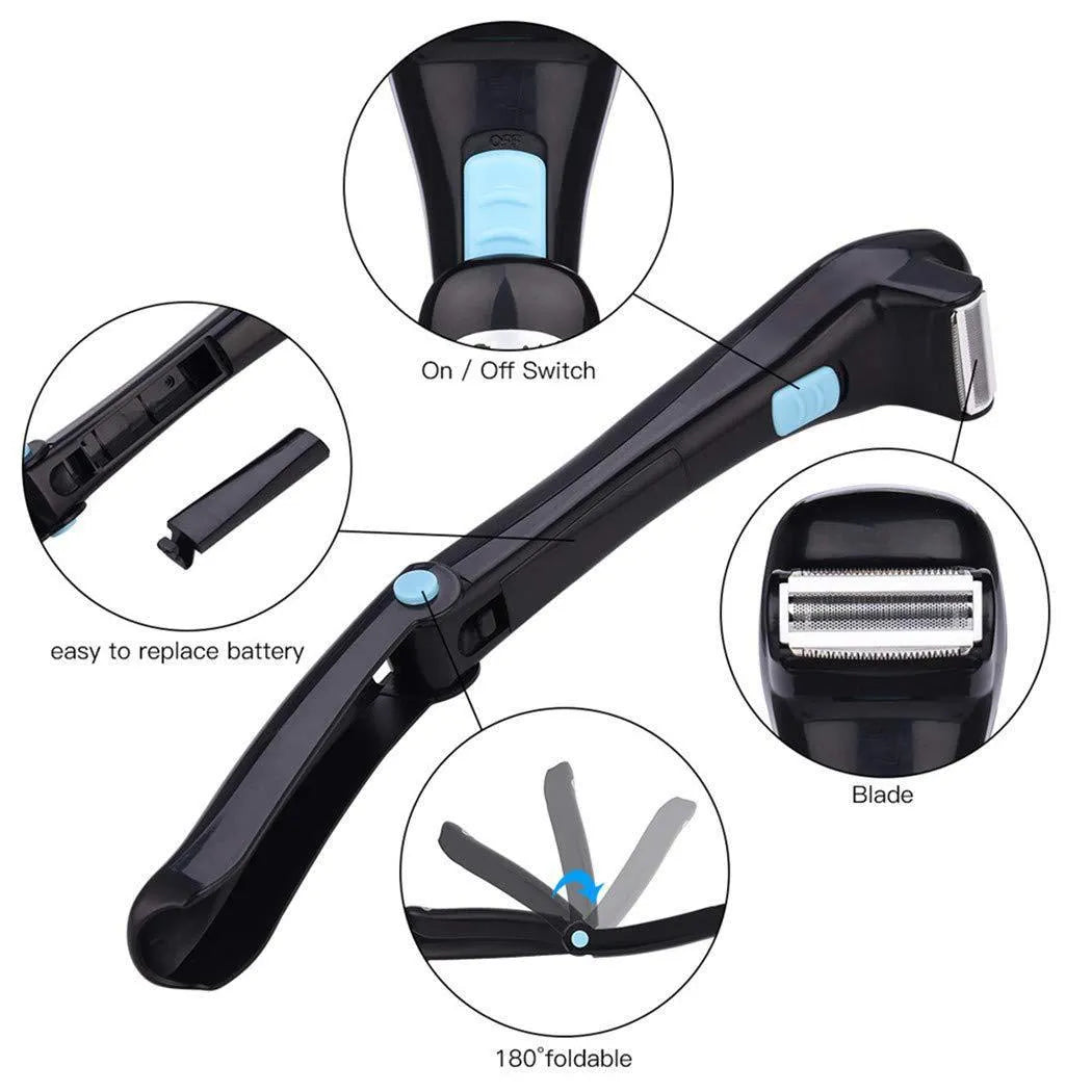 Black folding electric body shaver on a white background.
