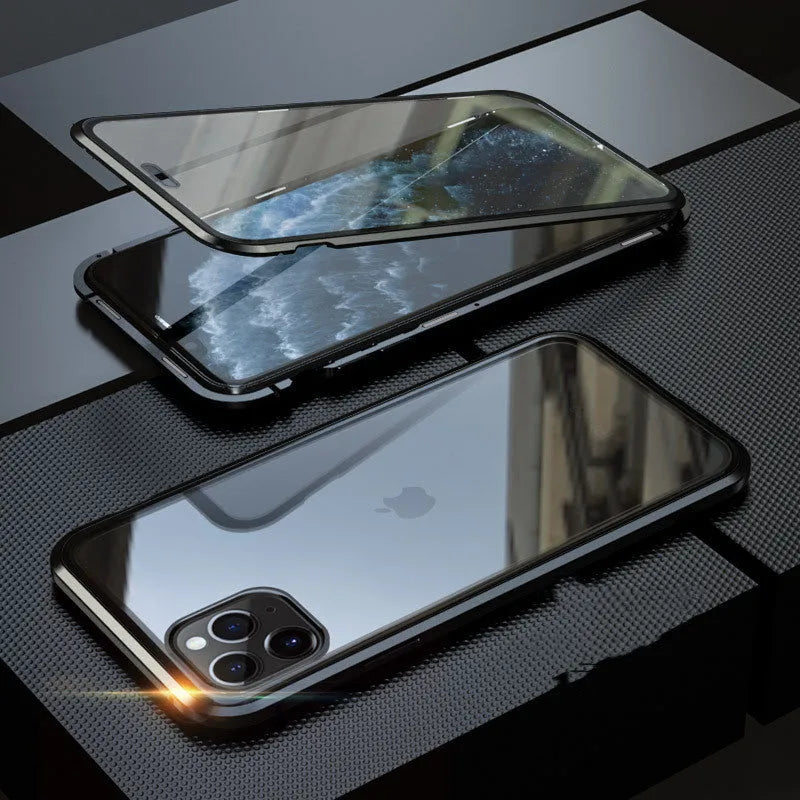 Black glass clamshell anti-spy phone case with a geometric pattern for iPhone.