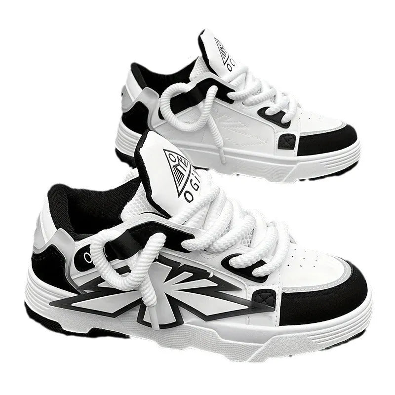 Men's white clunky sneakers with thick rubber sole and round toe lace-up design