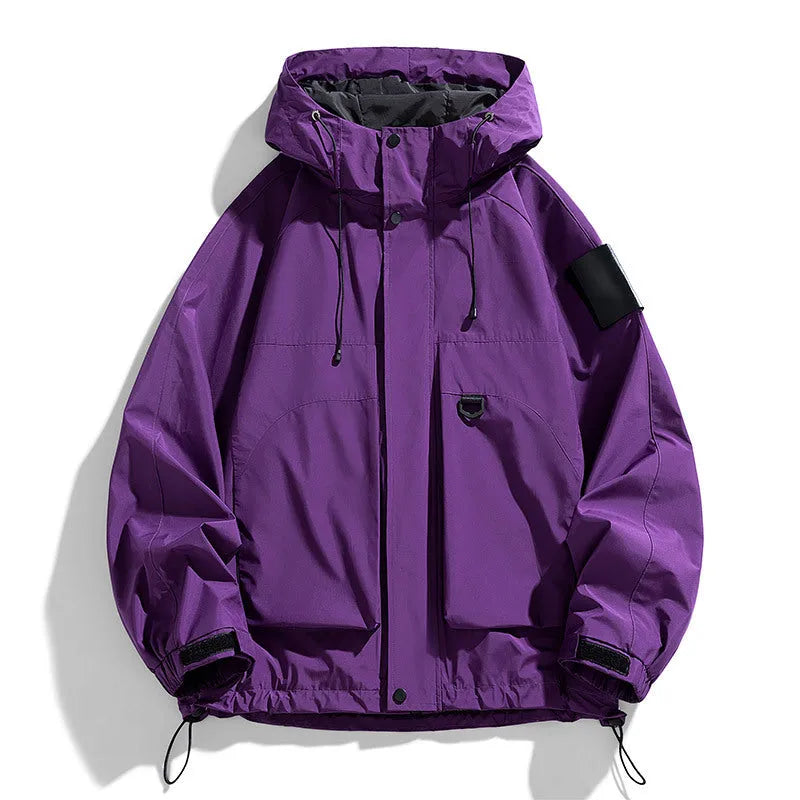 Men's waterproof windproof hooded jacket in black, purple or ginger yellow with sizes from S to 8XL