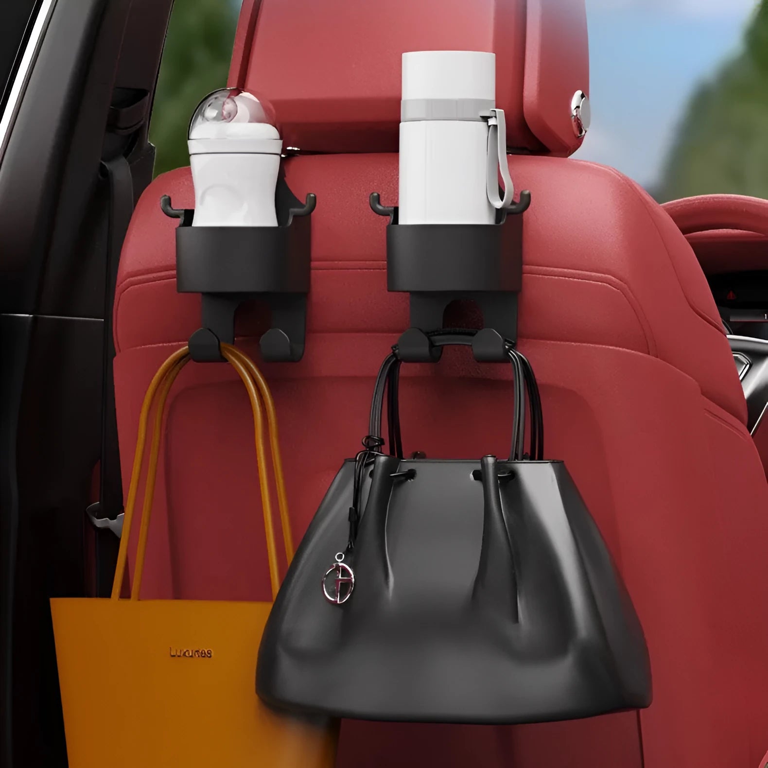Black plastic car hook seat back accessory with cup holder and hook functions