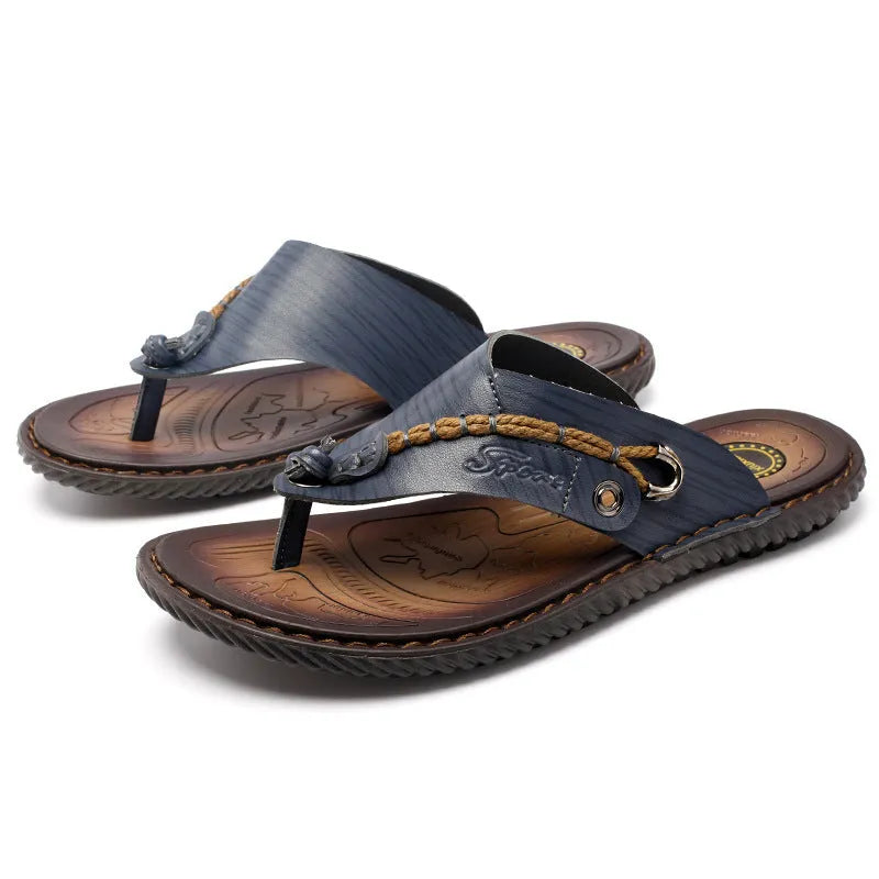 Men's non-slip casual slippers with PU leather upper in black, light brown, blue, and khaki colour options