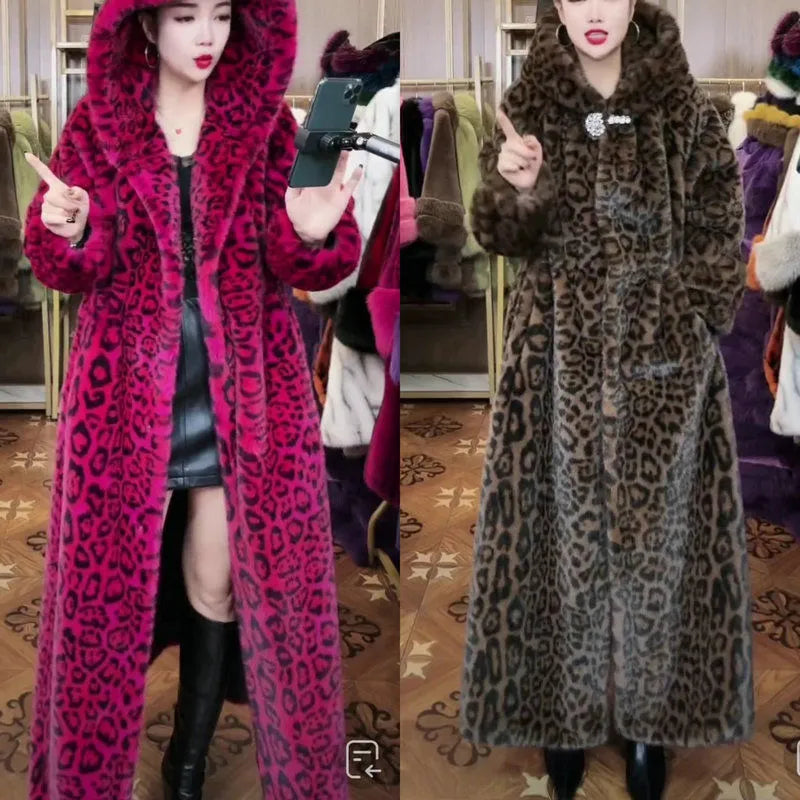 Long brown leopard print plus size faux fur coat on a hanger