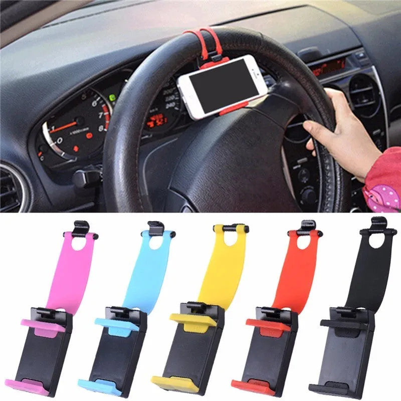 Black steering wheel phone clip mount holder showing adjustable clip and phone placement