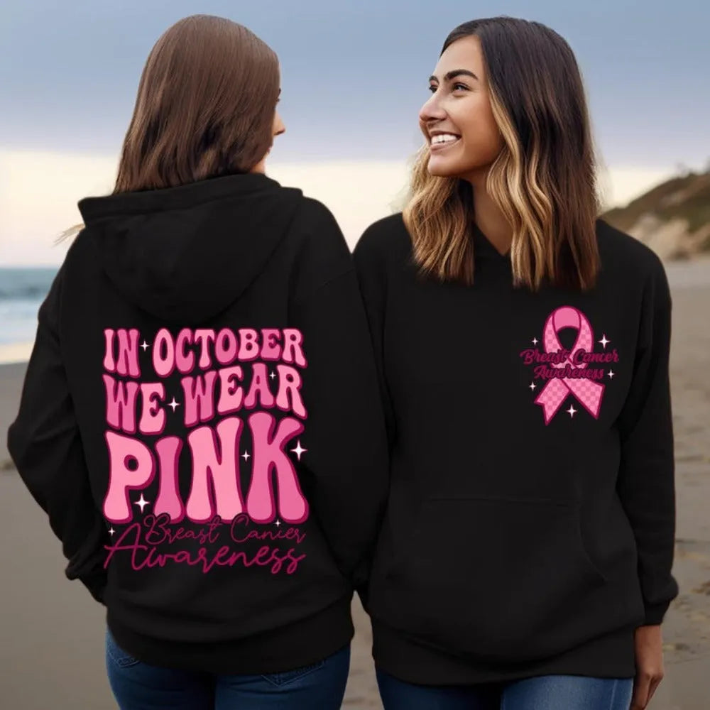 Breast Cancer Awareness hoodie with retro pattern hot stamping and side seam pocket in pink colour