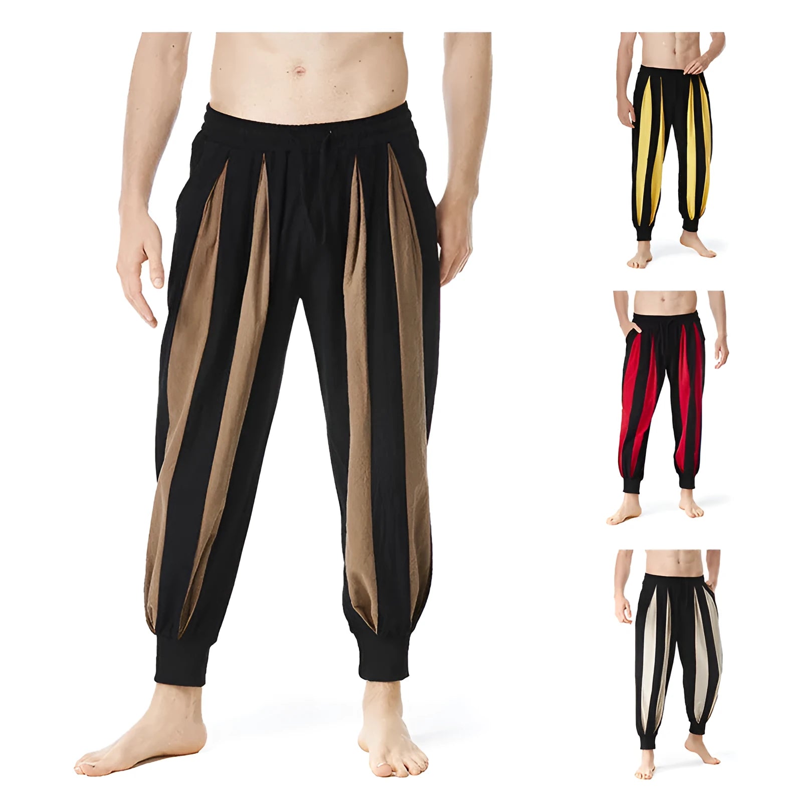 Men's straight cut casual trousers in khaki, brown, red, and yellow colours