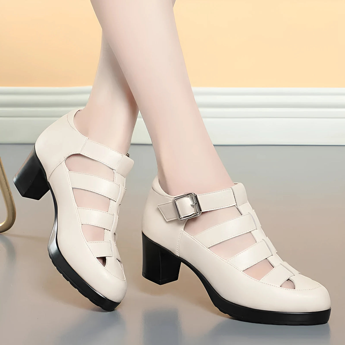 Women's beige closed toe sandals with woven design, ankle strap buckle, and chunky heel