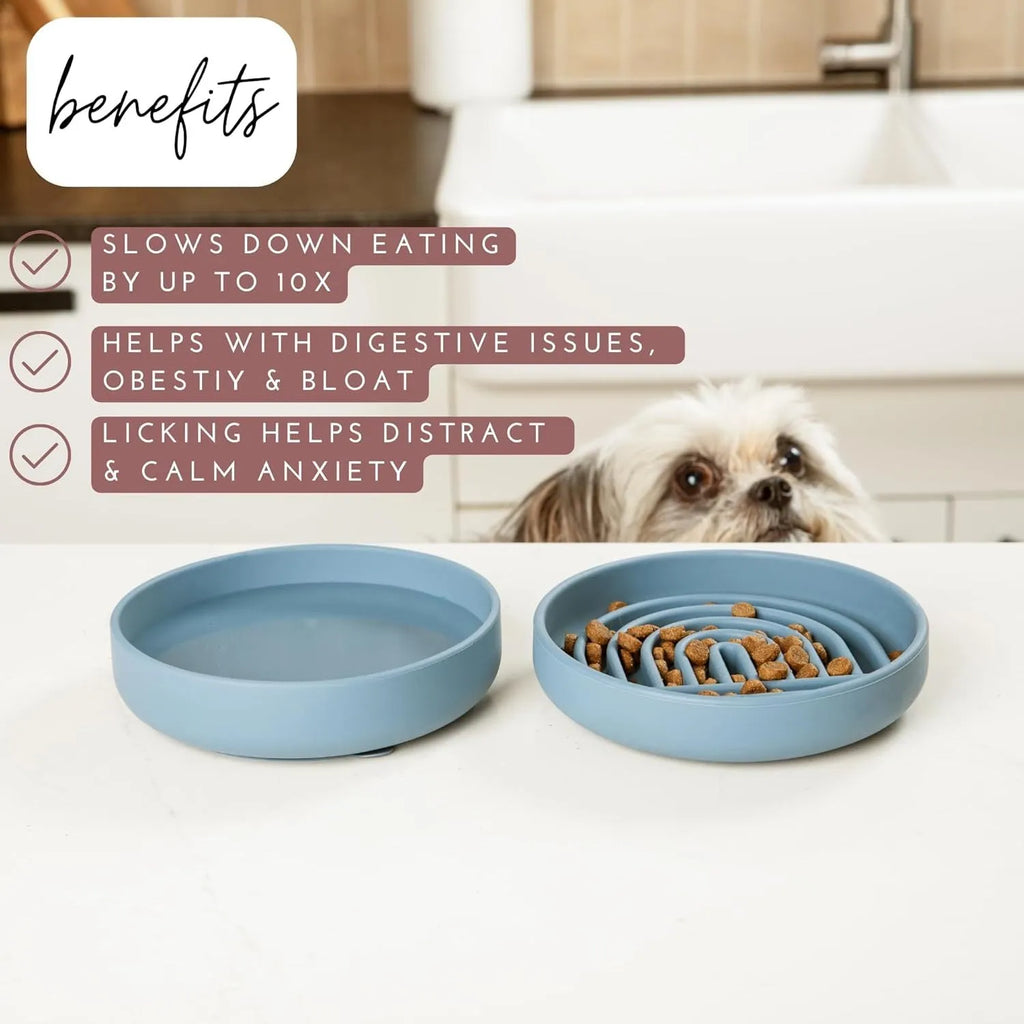Silicone slow feeder dog bowl with ridges, shown in beige colour, next to dog food.