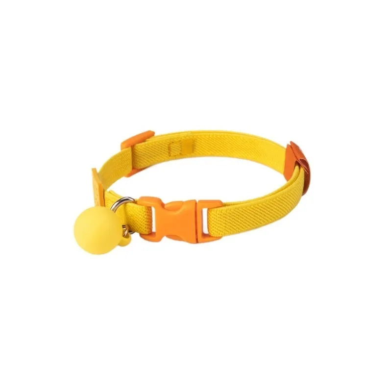 Small dog elastic pet collar in polyester material showing adjustable length of 22-32cm in seven colour options